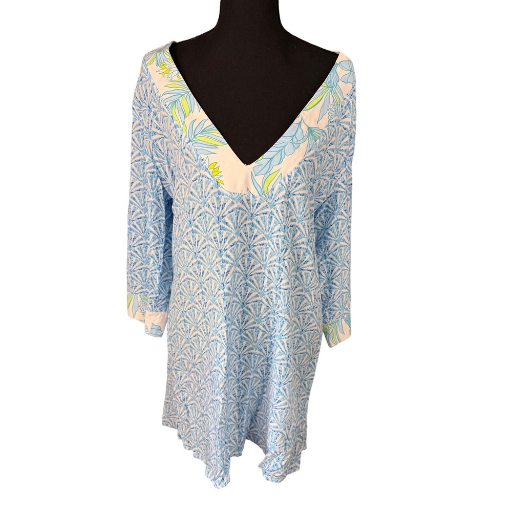 Stella Parker Blue Shell Print Tunic Cover Up Dress Large Tropical Resort‎ Beach